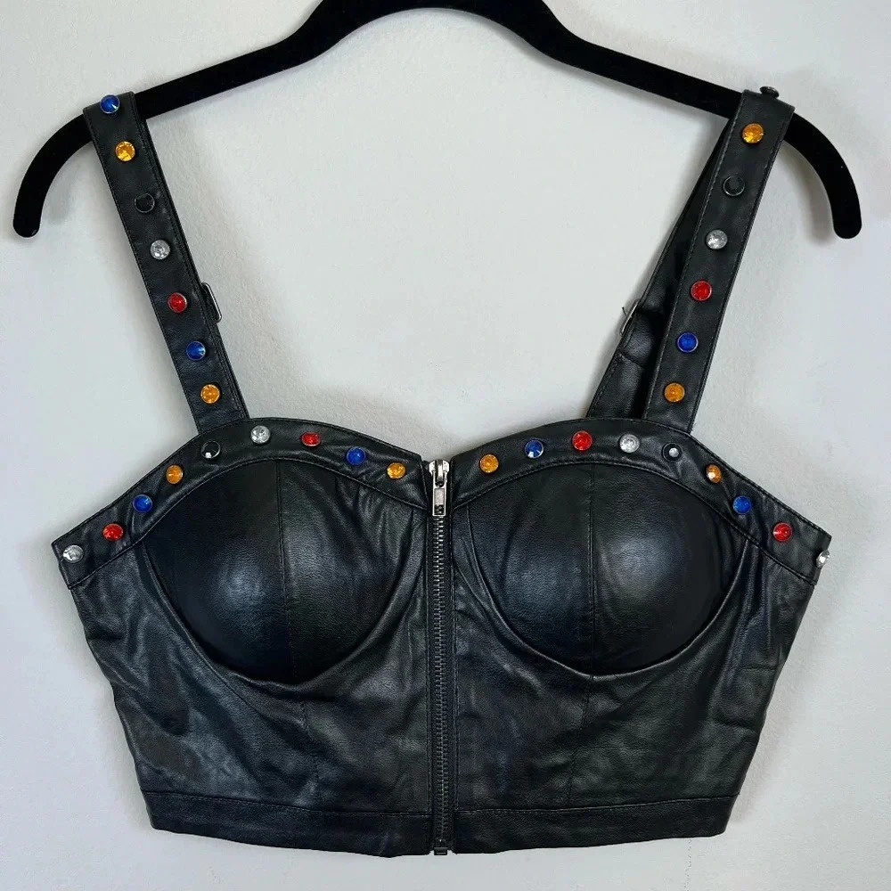 Forever 21 Exclusive Faux Leather Studded Gemstone Bralette Top Black Zip  Small